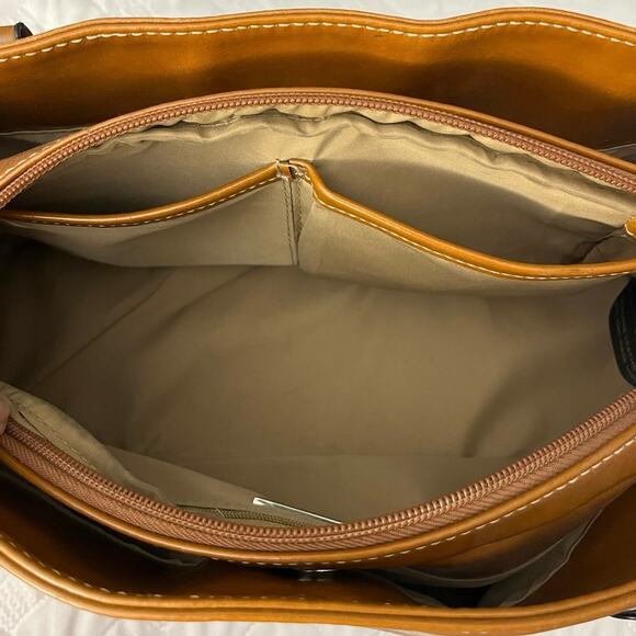 Vintage Gianni Bernini Glazed Leather Handbag Double Strap Caramel Brown Zipper - Picture 4 of 7